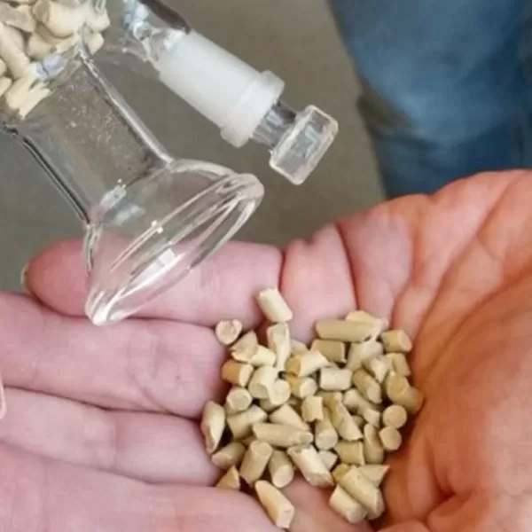 Hand met korrels bioplastics