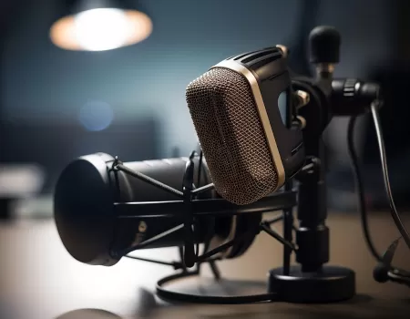 afbeelding van een microfoon in podcast studio